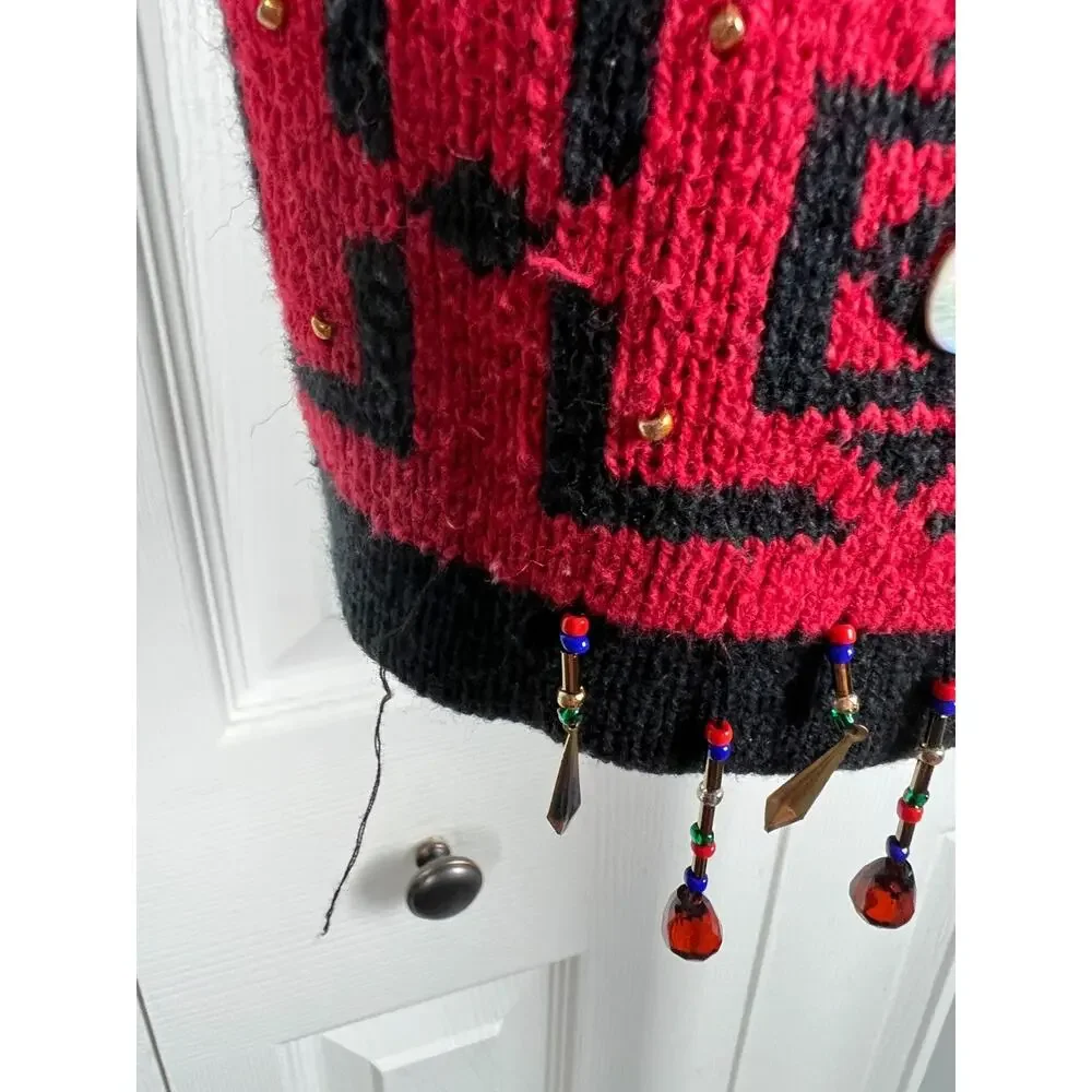 90s Carole Little Beaded Fringe Sweater Vest Colorful‎ Boho Festival L